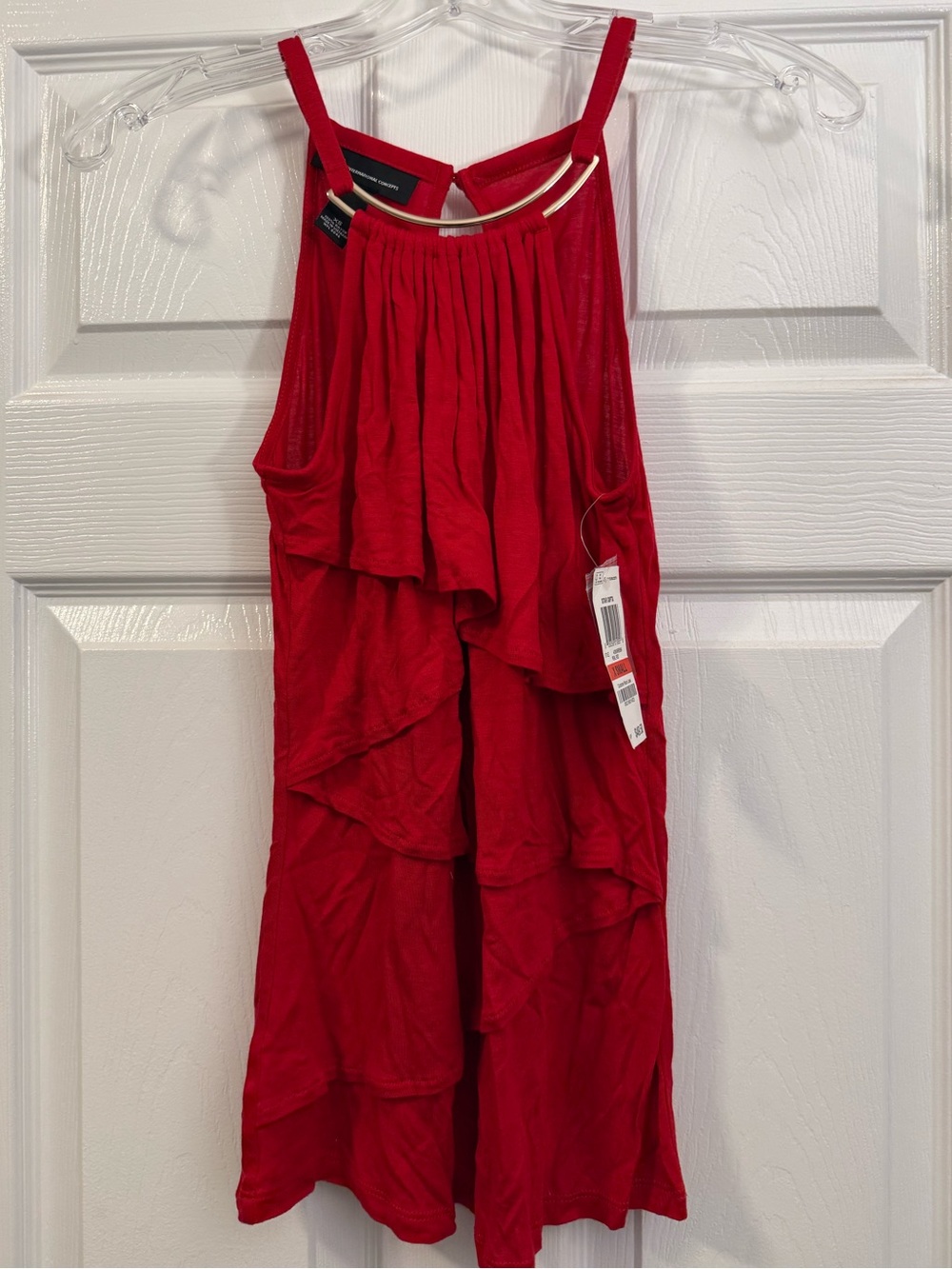 INC International Concepts Red Ruffle Tank with Gold Neck Detail